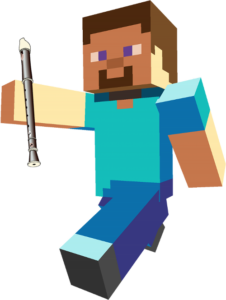 Steve, a Minecraft character with brown hair, a light blue shirt, and dark blue pants, is carrying a recorder in his right hand.